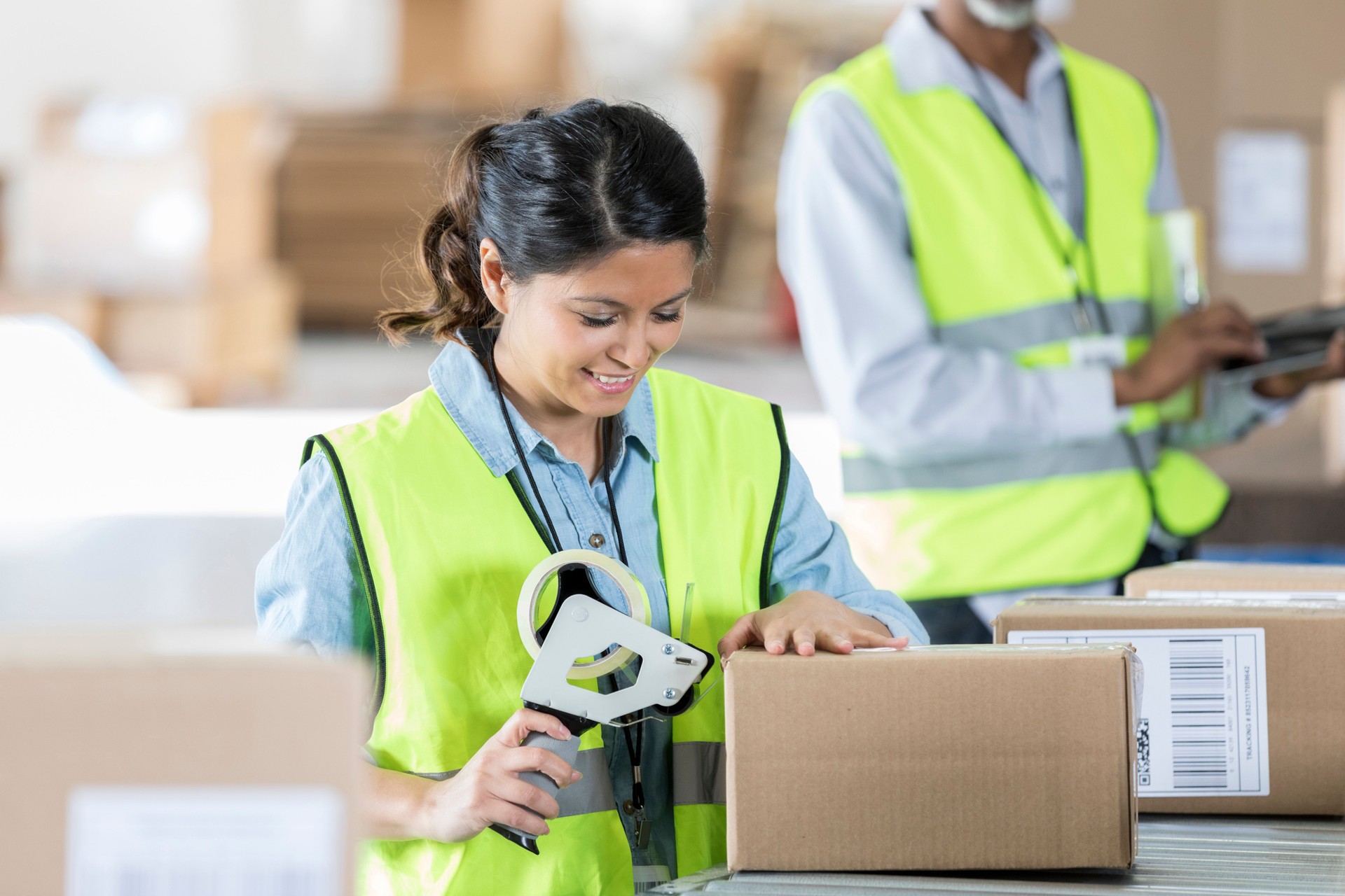 Confident female warehouse worker uses tape dispenser